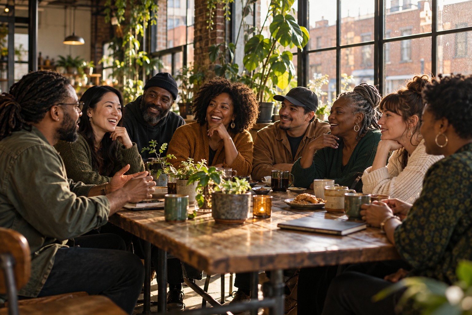 Conceptual image of a multicultural, predominantly Black group of neighbors sharing conversation around a community table